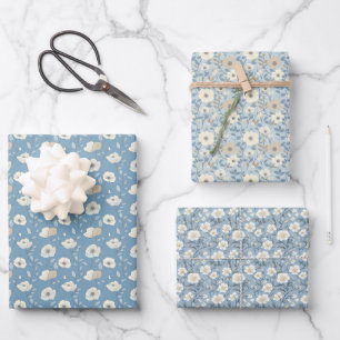 Blue Beige Cottagecore Florals Baby Bridal Shower Wrapping Paper Sheet