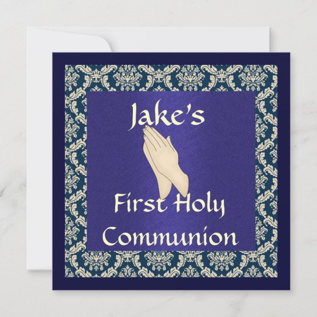 Blue & Beige DAMASK First Holy Communion INVITATIO Invitation (Front)
