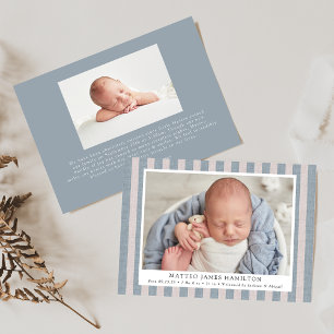 Blue & Beige Farmhouse Linen Stripes 2 Photo Birth Announcement