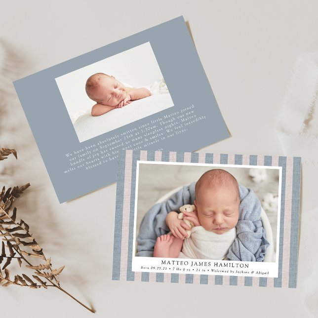 Blue & Beige Farmhouse Linen Stripes 2 Photo Birth Announcement (Creator Uploaded)