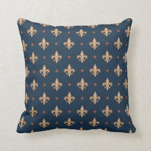 Blue Beige Fleur De Lis Elegant Damask Pattern Cushion