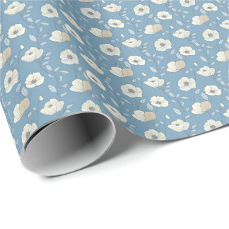 Blue Beige Floral Birthday Bridal Baby Shower Wrapping Paper