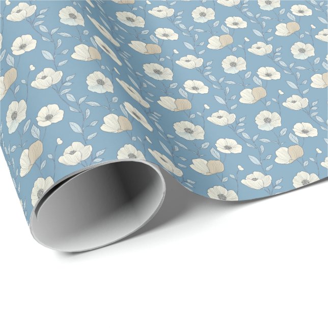 Blue Beige Floral Birthday Bridal Baby Shower Wrapping Paper (Roll Corner)