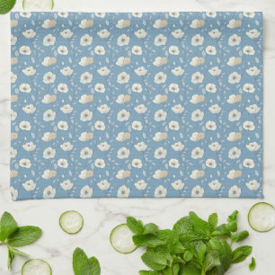 Blue Beige Floral Cottagecore Botanical Flowers Tea Towel