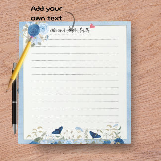 Blue Beige Floral Heart Custom Name Notepad