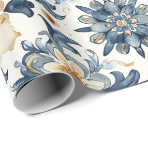 Blue & Beige Floral Tile Wrapping Paper, Antique  Paper