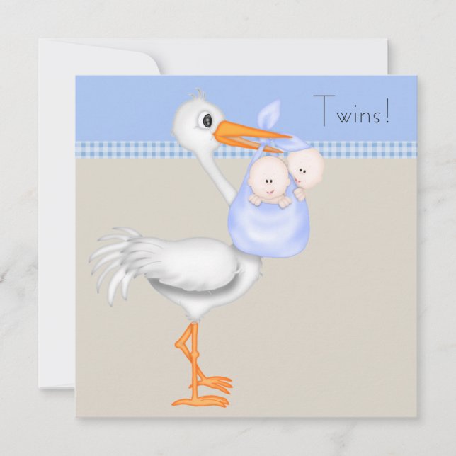 Blue Beige Gingham Stork Twin Baby Boy Shower Invitation (Front)