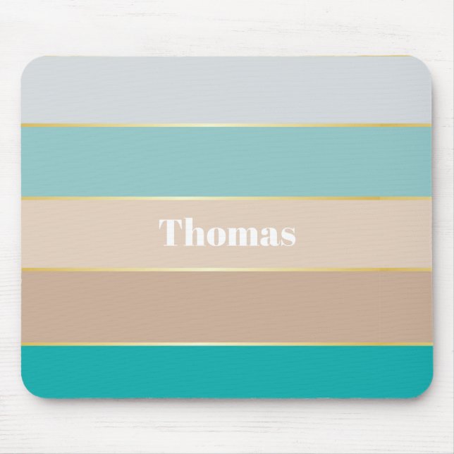 Blue Beige Gold Custom Summer Colour Block Stripes Mouse Mat (Front)