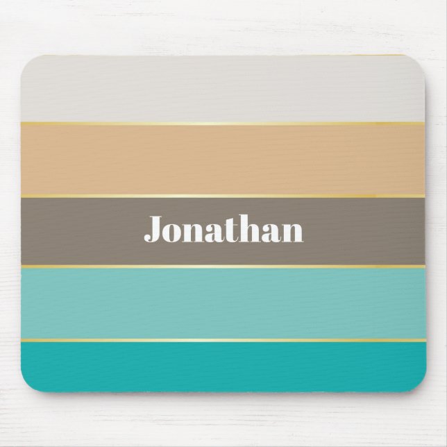 Blue Beige Gold Custom Summer Colour Block Stripes Mouse Mat (Front)