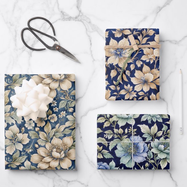 Blue Beige Green Chinoiserie Toile Floral Birthday Wrapping Paper Sheet (Front)