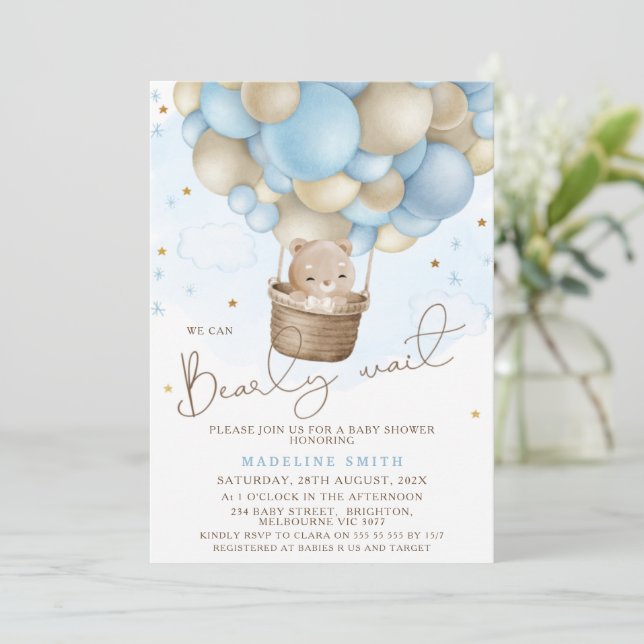 Blue Beige Hot Air Balloon Bearly Bear Baby Shower Invitation (Standing Front)
