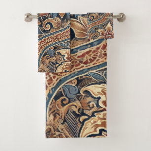 Blue Beige Indonesian Batik Floral Pattern Boho Bath Towel Set