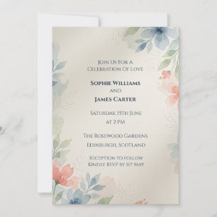 Blue Beige Leaf Wedding Invitation