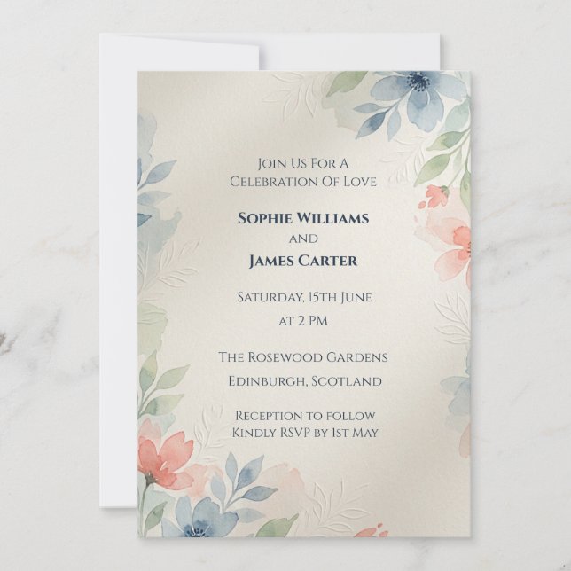 Blue Beige Leaf Wedding Invitation (Front)