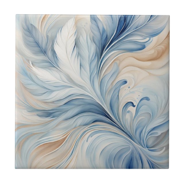 Blue Beige Leaves 2 Ceramic Tile (Front)