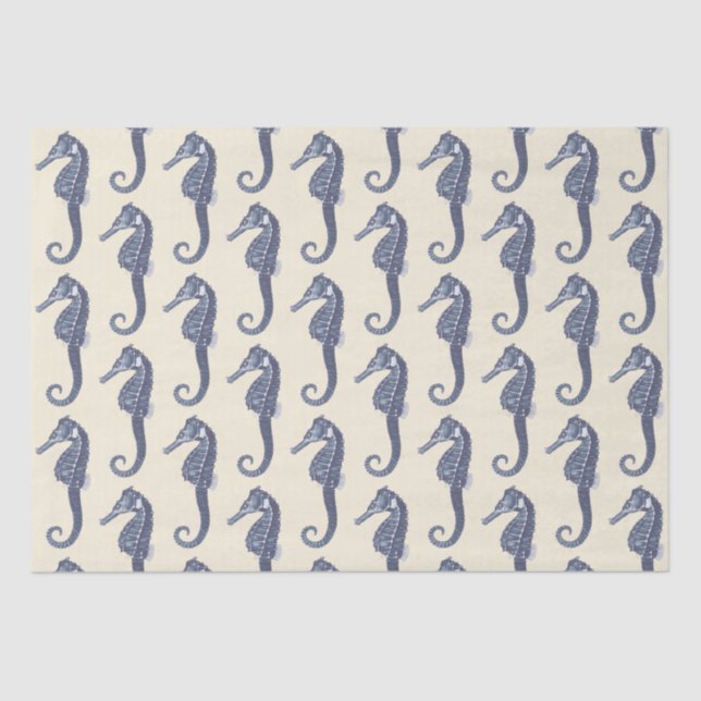 Blue Beige Marine Life Seahorse Pattern Tissue Paper (Front)