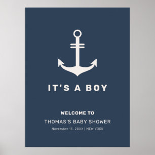 Blue Beige Nautical Anchor Baby Shower Welcome  Poster