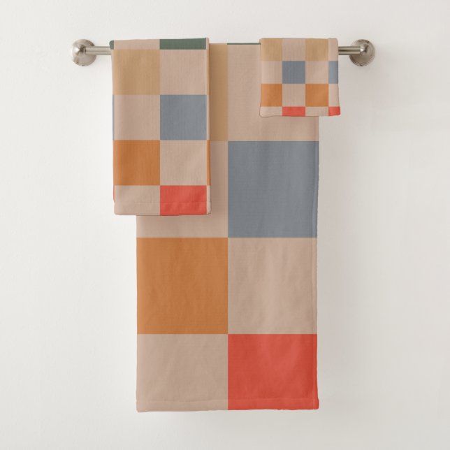 Blue Beige Orange Brown Chequered Gingham Pattern Bath Towel Set (Insitu)