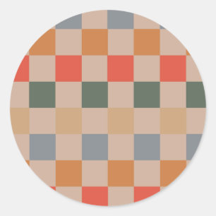 Blue Beige Orange Brown Chequered Gingham Pattern Classic Round Sticker