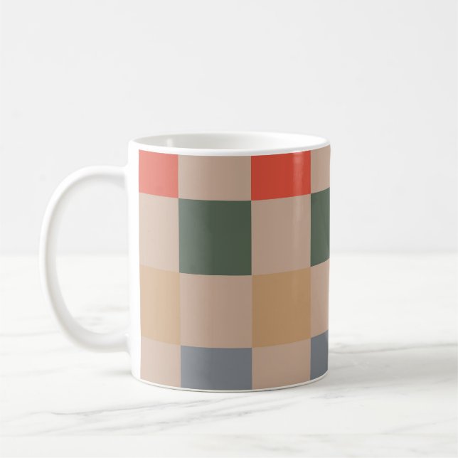 Blue Beige Orange Brown Chequered Gingham Pattern Coffee Mug (Left)