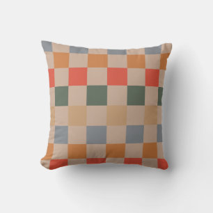 Blue Beige Orange Brown Chequered Gingham Pattern Cushion