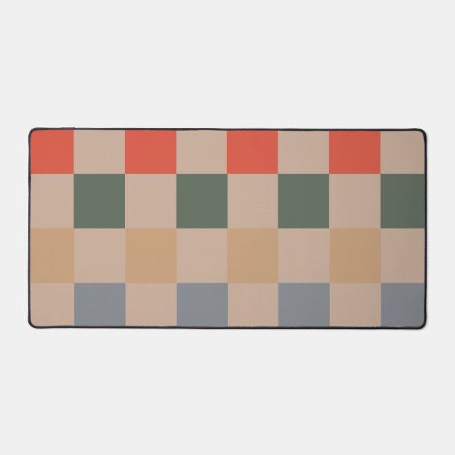 Blue Beige Orange Brown Chequered Gingham Pattern Desk Mat (Front)