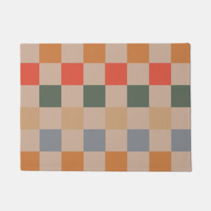Blue Beige Orange Brown Chequered Gingham Pattern Doormat