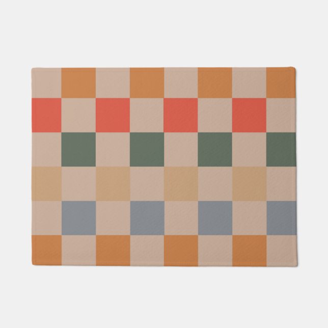 Blue Beige Orange Brown Chequered Gingham Pattern Doormat (Front)