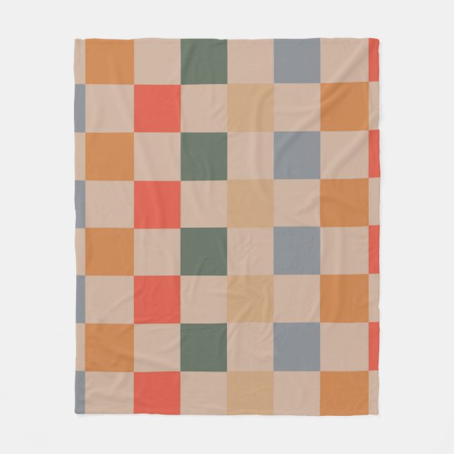 Blue Beige Orange Brown Chequered Gingham Pattern Fleece Blanket (Front)
