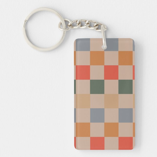 Blue Beige Orange Brown Chequered Gingham Pattern Key Ring (Front)