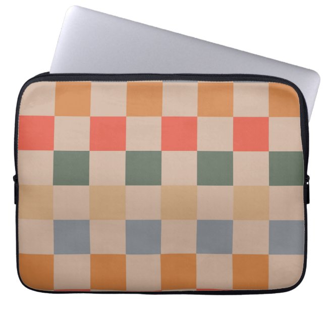 Blue Beige Orange Brown Chequered Gingham Pattern Laptop Sleeve (Front)