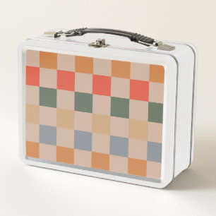 Blue Beige Orange Brown Chequered Gingham Pattern Metal Lunch Box