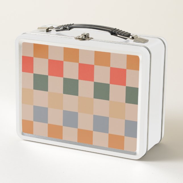 Blue Beige Orange Brown Chequered Gingham Pattern Metal Lunch Box (Front)