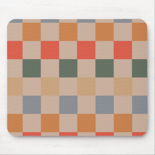Blue Beige Orange Brown Chequered Gingham Pattern Mouse Mat