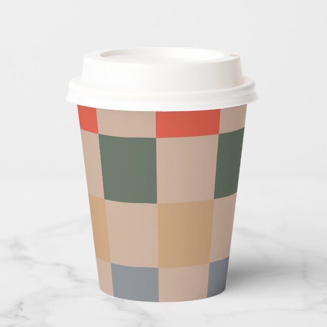 Blue Beige Orange Brown Chequered Gingham Pattern Paper Cups (Front)