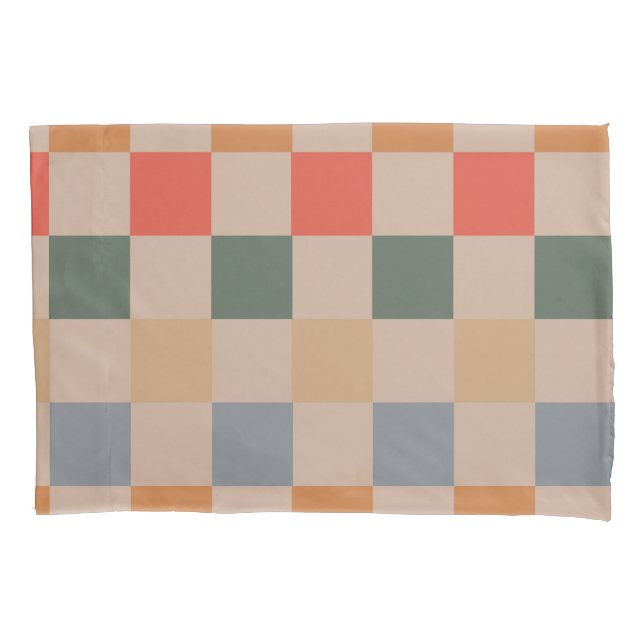 Blue Beige Orange Brown Chequered Gingham Pattern Pillowcase (Front)