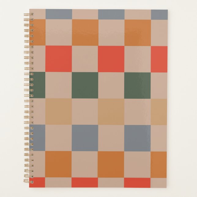 Blue Beige Orange Brown Chequered Gingham Pattern Planner (Front)