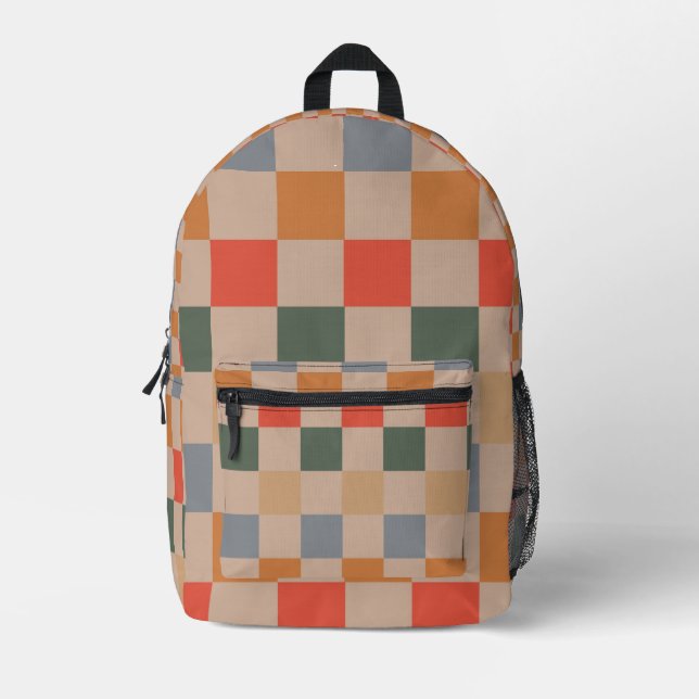 Blue Beige Orange Brown Chequered Gingham Pattern Printed Backpack (Front)
