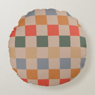 Blue Beige Orange Brown Chequered Gingham Pattern Round Cushion