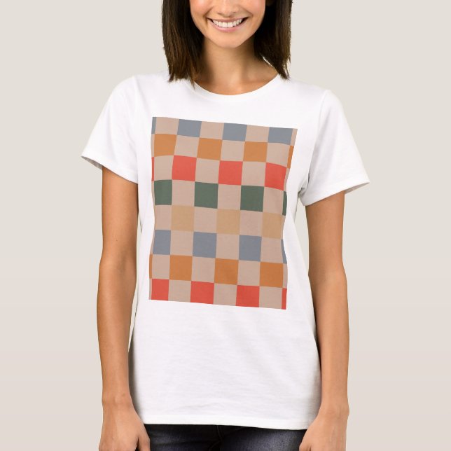 Blue Beige Orange Brown Chequered Gingham Pattern T-Shirt (Front)