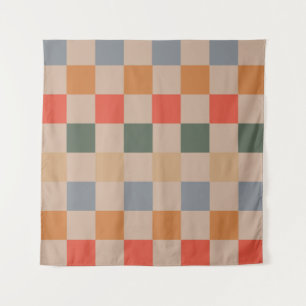 Blue Beige Orange Brown Chequered Gingham Pattern Tapestry
