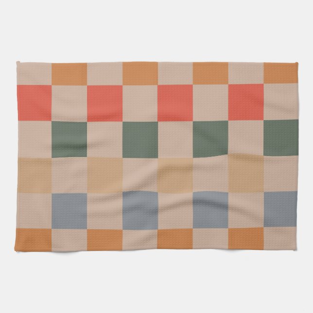 Blue Beige Orange Brown Chequered Gingham Pattern Tea Towel (Horizontal)