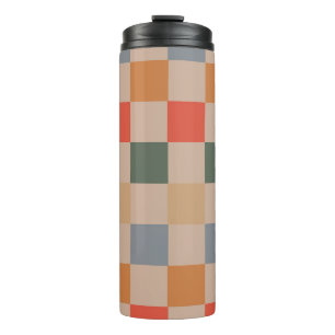 Blue Beige Orange Brown Chequered Gingham Pattern Thermal Tumbler