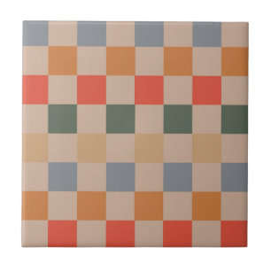 Blue Beige Orange Brown Chequered Gingham Pattern Tile