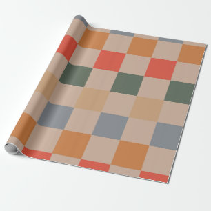 Blue Beige Orange Brown Chequered Gingham Pattern Wrapping Paper