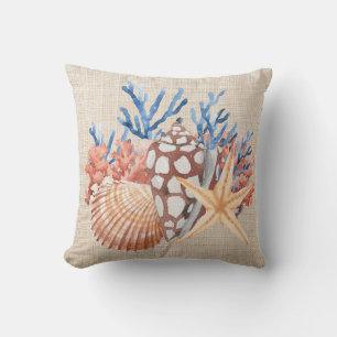 Blue Beige Seashells Starfish Coral Coastal Beach Cushion
