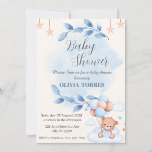 Blue Beige,Teddy Bear,Balloons, Baby shower boy Invitation