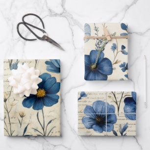 Blue Beige Watercolor Florals Vintage Antique   Wrapping Paper Sheet