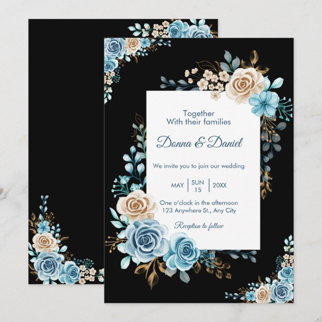 Blue beige wedding invitation card floral watercol (Front/Back)