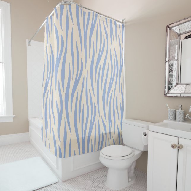 Blue & Beige Zebra Stripe Shower Curtain – Modern (In Situ)
